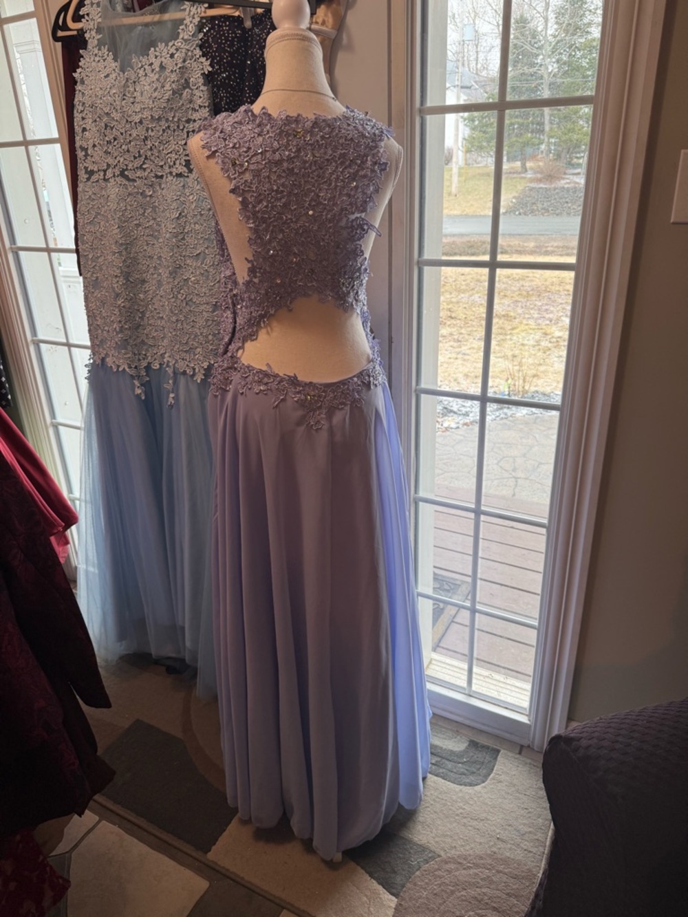 Lace Appliqué Evening Gown in Lavender